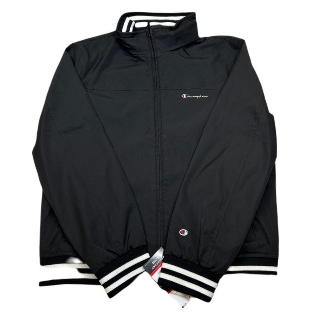 Champion Bomber Jacket Mens Medium Black Full Zip Windbreaker Striped Cuffs NEW